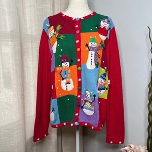 Y2K‎ Tiara International Snowmen Christmas Cardigan Sweater Bead Embellished XL